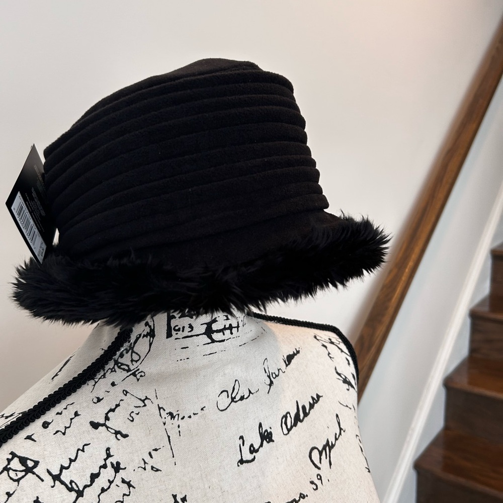 Black Bucket Hat with Faux Fur Trim